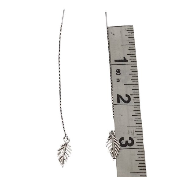 Feather Threader Earrings Long Chain Drop Dangle 925 Silver Leaf Elegant - Picture 6 of 7